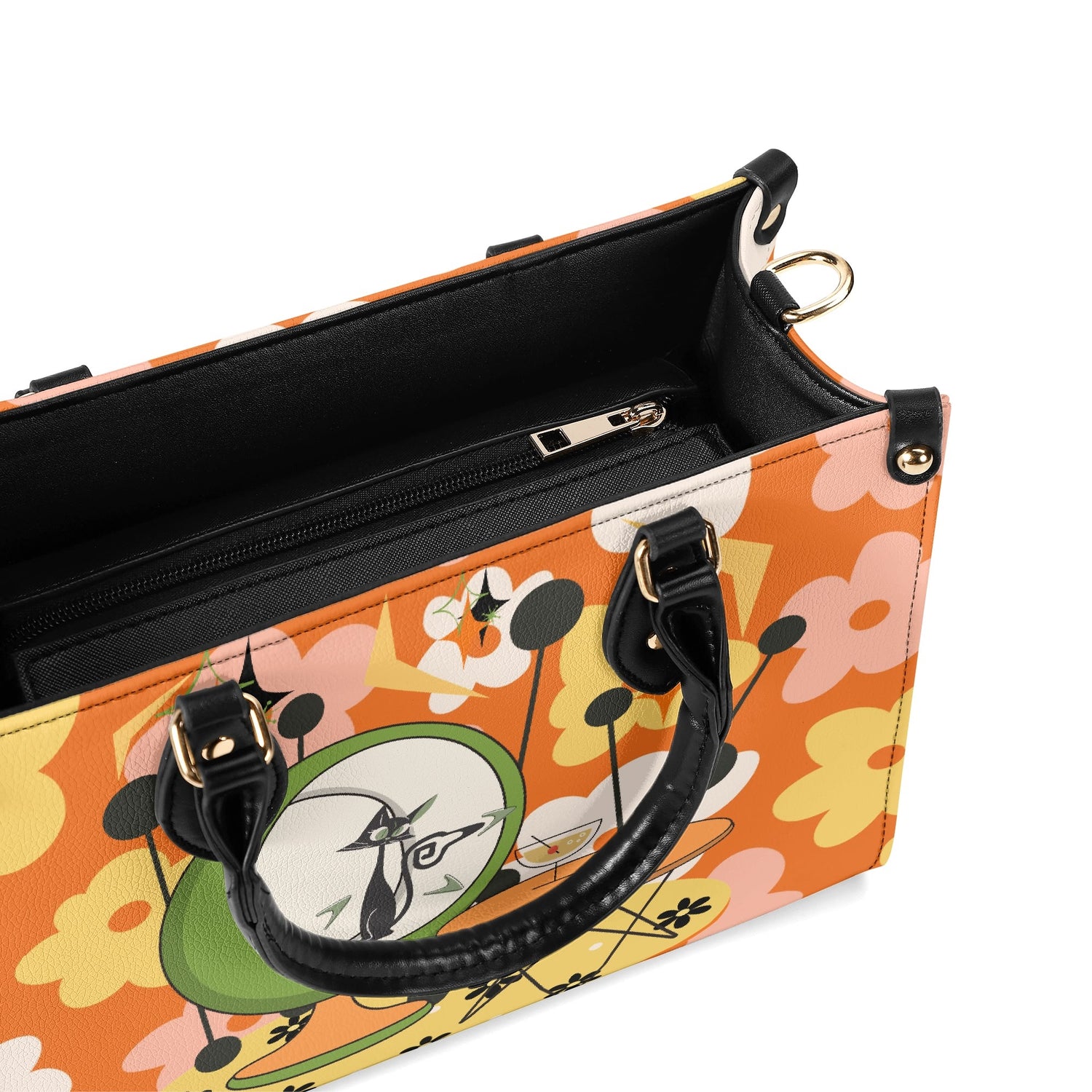 Mid Century Modern Gal Signature Atomic Cat, Retro Floral Summer Vibes Atomic Kitschy Handbag, Shoulder Bag - Mid Century Modern Gal