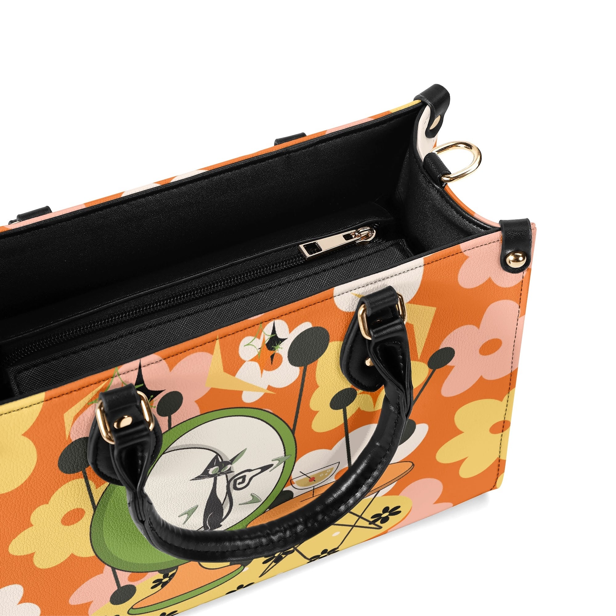 Mid Century Modern Gal Signature Atomic Cat, Retro Floral Summer Vibes Atomic Kitschy Handbag, Shoulder Bag - Mid Century Modern Gal
