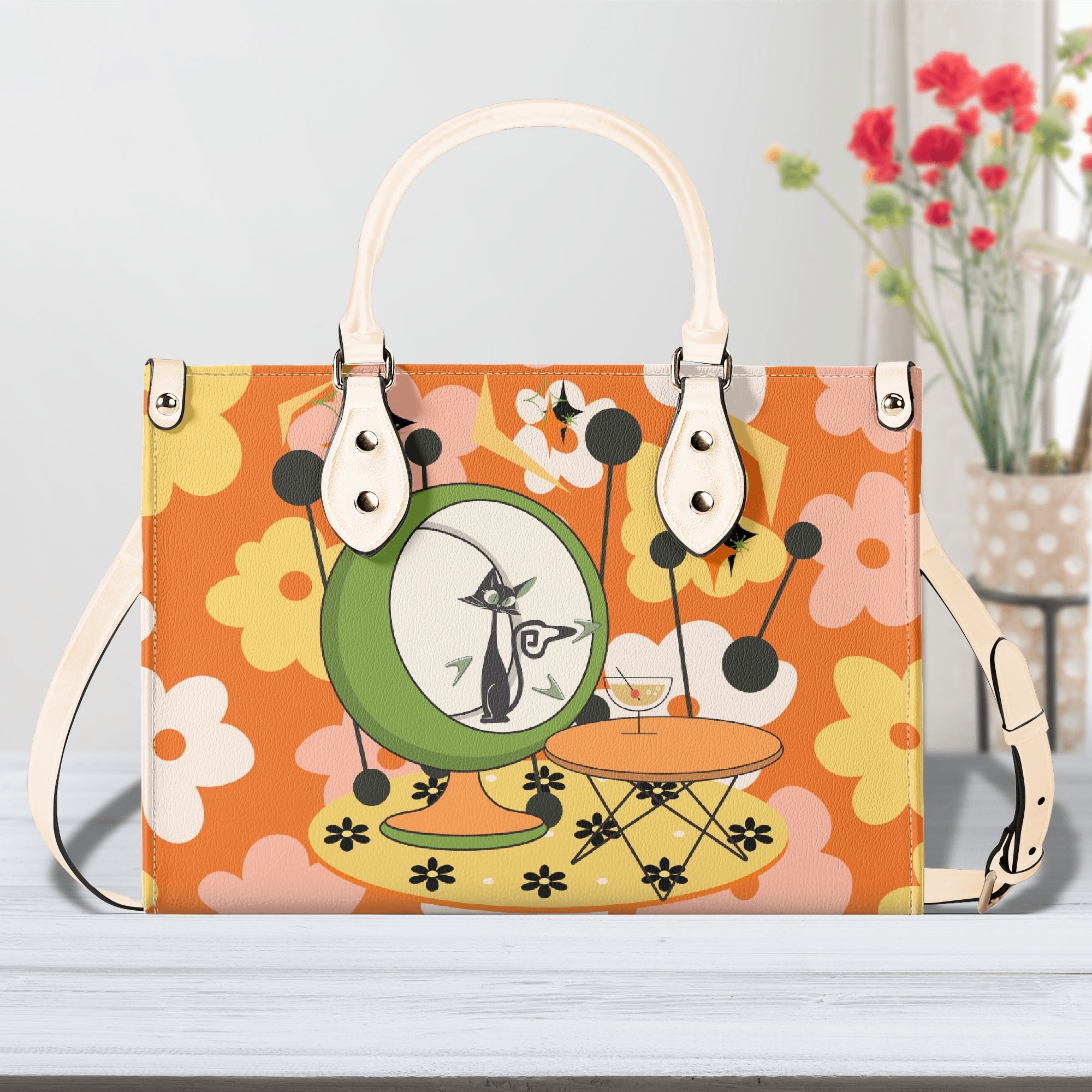 Mid Century Modern Gal Signature Atomic Cat, Retro Floral Summer Vibes Atomic Kitschy Handbag, Shoulder Bag - Mid Century Modern Gal