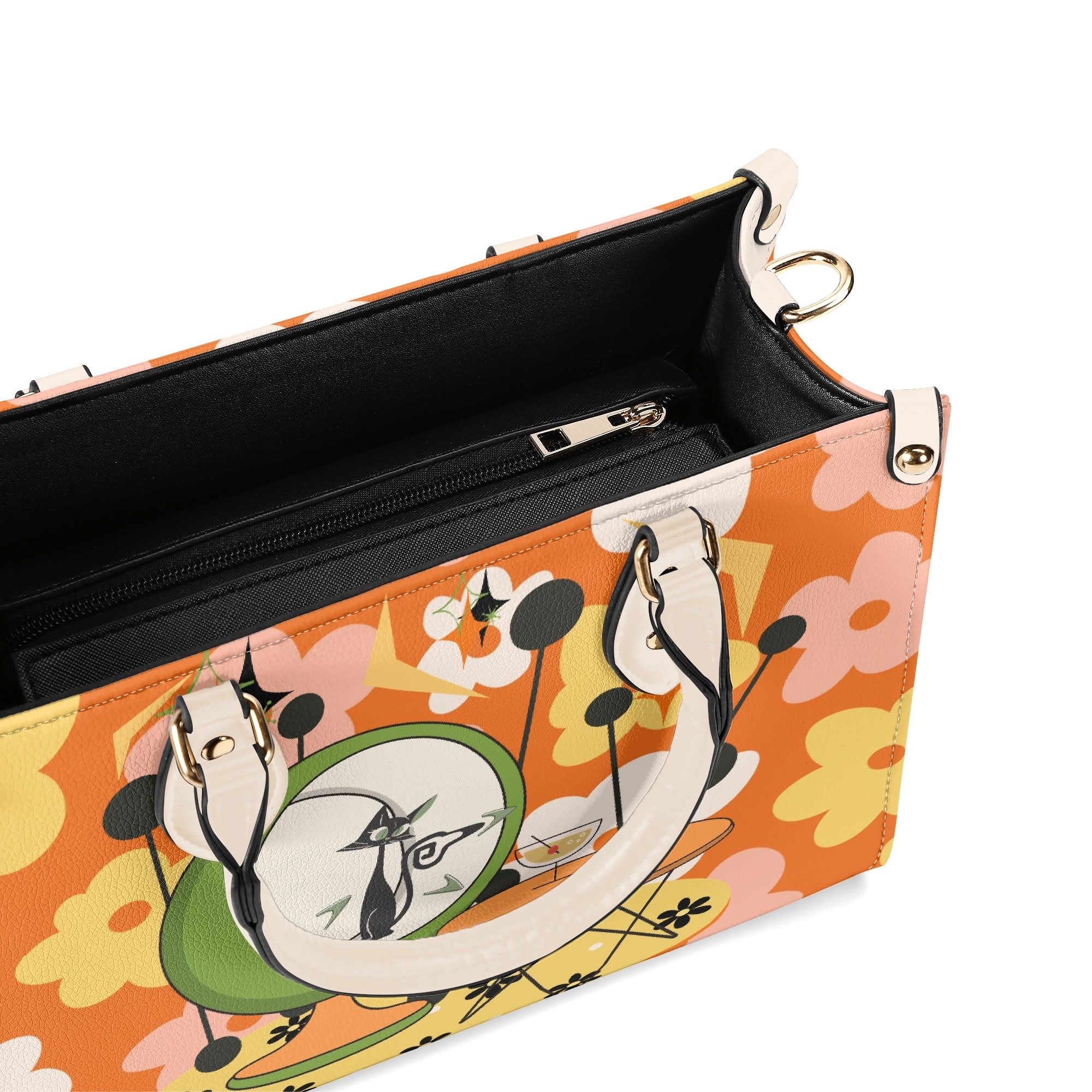 Mid Century Modern Gal Signature Atomic Cat, Retro Floral Summer Vibes Atomic Kitschy Handbag, Shoulder Bag - Mid Century Modern Gal
