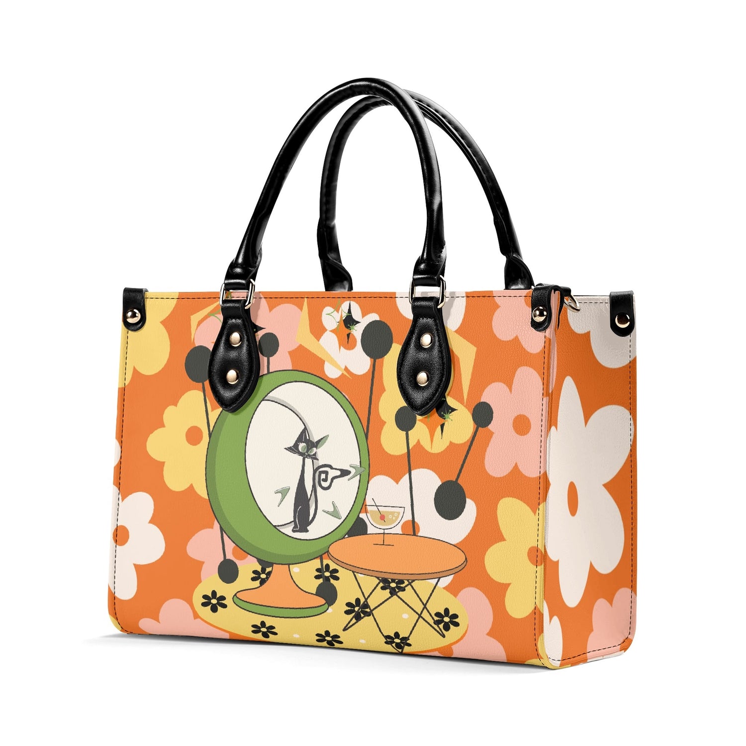Mid Century Modern Gal Signature Atomic Cat, Retro Floral Summer Vibes Atomic Kitschy Handbag, Shoulder Bag - Mid Century Modern Gal