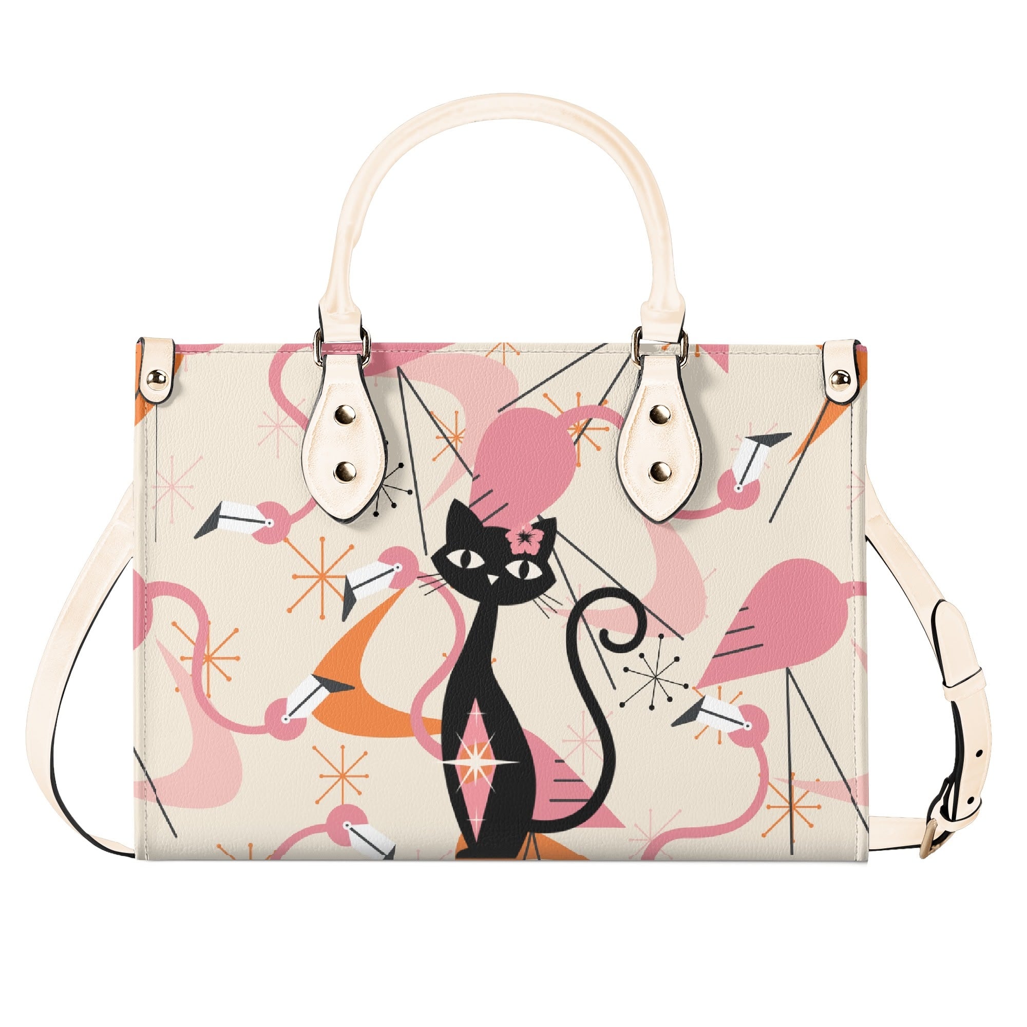 Retro Flamingos, Kitschy Atomic Cat, Mid Century Modern Gal Signature Handbags, Atomic Kitschy Handbag, Shoulder Bag - Mid Century Modern Gal
