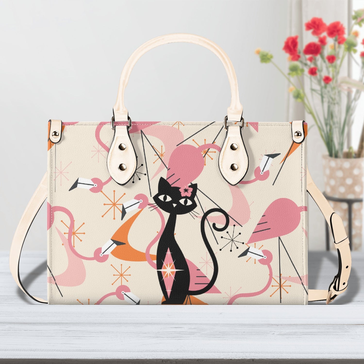 Retro Flamingos, Kitschy Atomic Cat, Mid Century Modern Gal Signature Handbags, Atomic Kitschy Handbag, Shoulder Bag - Mid Century Modern Gal
