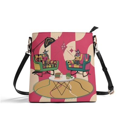 Atomic Cat Bucket Shoulder Bag, Book Lover, Book Club Bag, Design By MCM Gal, Mid Century Mod Kitschy Trendy Purse - Mid Century Modern Gal