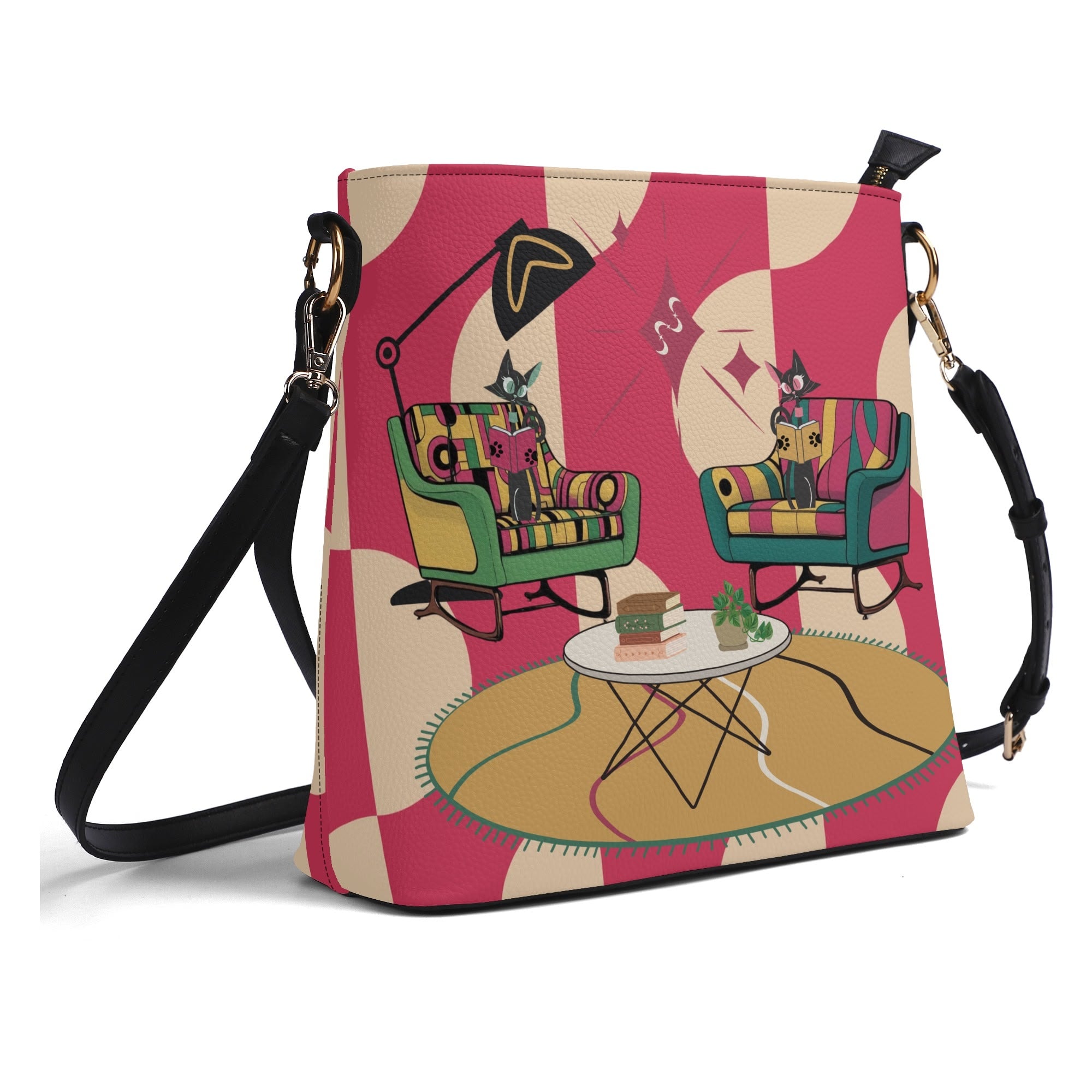 Atomic Cat Bucket Shoulder Bag, Book Lover, Book Club Bag, Design By MCM Gal, Mid Century Mod Kitschy Trendy Purse - Mid Century Modern Gal