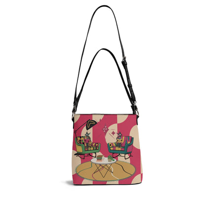 Atomic Cat Bucket Shoulder Bag, Book Lover, Book Club Bag, Design By MCM Gal, Mid Century Mod Kitschy Trendy Purse - Mid Century Modern Gal