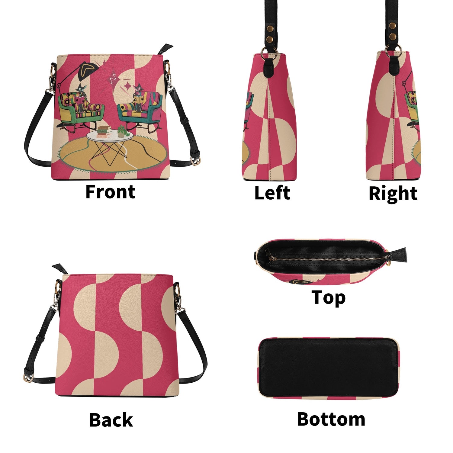 Atomic Cat Bucket Shoulder Bag, Book Lover, Book Club Bag, Design By MCM Gal, Mid Century Mod Kitschy Trendy Purse - Mid Century Modern Gal