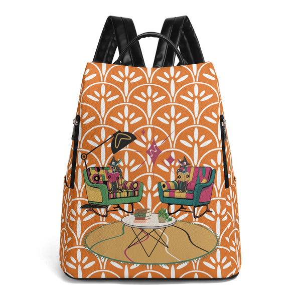 Mid Century Atomic Cat, Book Lover, Book Club Gal, Scandinavian Design,  Mid Mod Travel Daypack Anti-theft Backpack