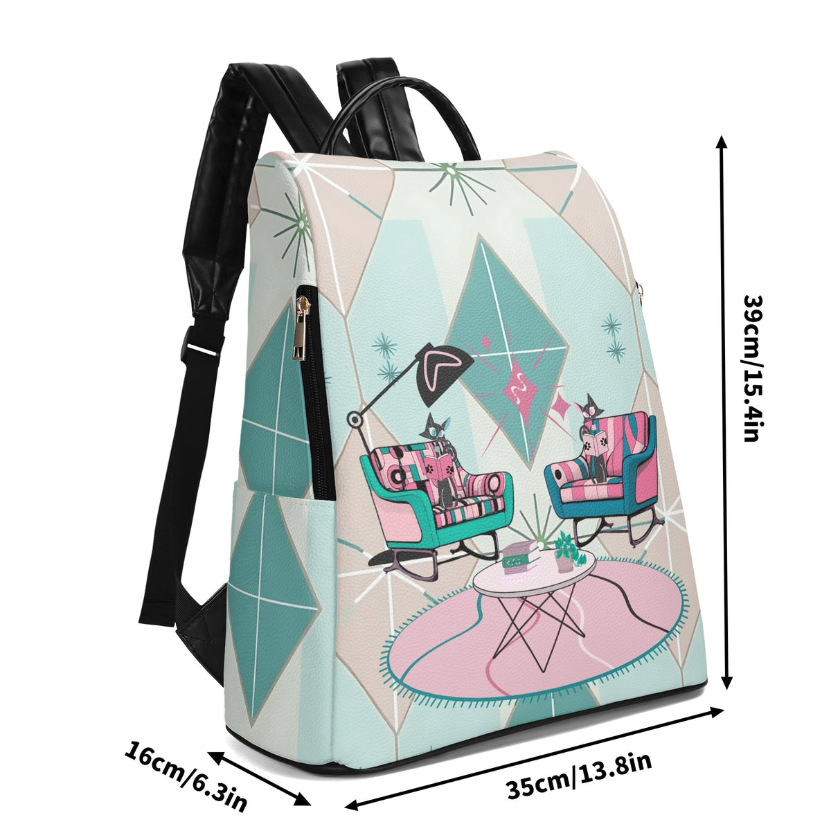 Atomic Kitschy Cat Sputnik Designed, Book Lover, Book Club Gift, Retro Mod Travel Backpack - Mid Century Modern Gal
