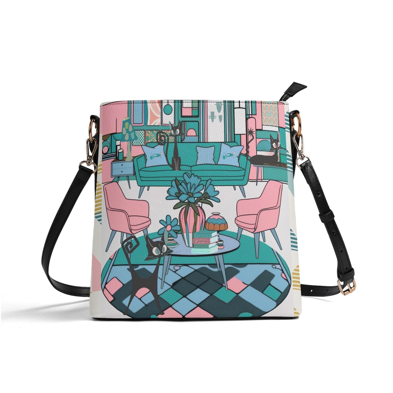 Atomic Cat Bucket Shoulder Bag, Atomic 50s Fashion Bag, Pink, Teal Blue Reversible Design By MCM Gal, Mid Century Mod Kitschy Trendy Purse - Mid Century Modern Gal