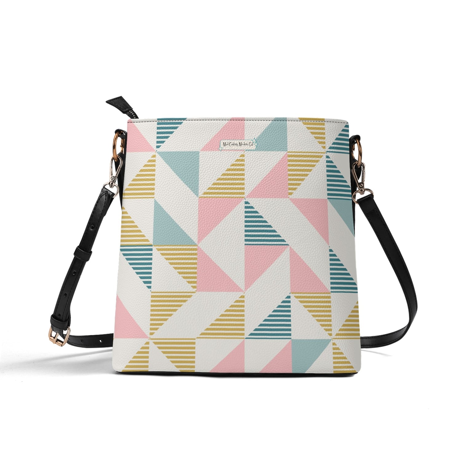 Atomic Cat Bucket Shoulder Bag, Atomic 50s Fashion Bag, Pink, Teal Blue Reversible Design By MCM Gal, Mid Century Mod Kitschy Trendy Purse - Mid Century Modern Gal