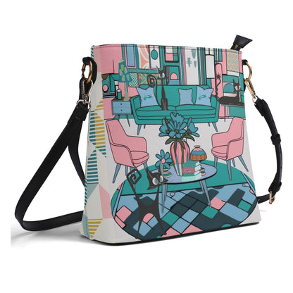 Atomic Cat Bucket Shoulder Bag, Atomic 50s Fashion Bag, Pink, Teal Blue Reversible Design By MCM Gal, Mid Century Mod Kitschy Trendy Purse - Mid Century Modern Gal