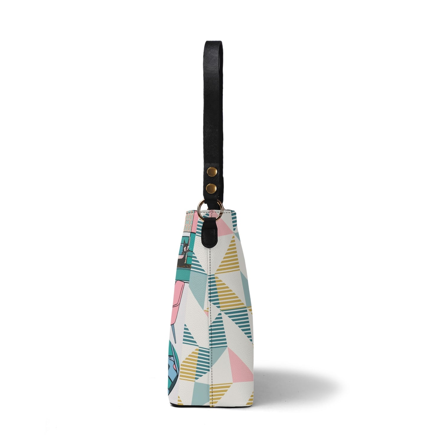 Atomic Cat Bucket Shoulder Bag, Atomic 50s Fashion Bag, Pink, Teal Blue Reversible Design By MCM Gal, Mid Century Mod Kitschy Trendy Purse - Mid Century Modern Gal