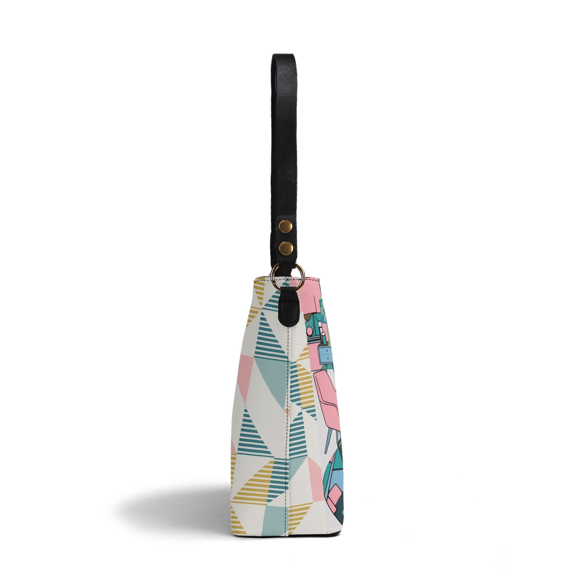 Atomic Cat Bucket Shoulder Bag, Atomic 50s Fashion Bag, Pink, Teal Blue Reversible Design By MCM Gal, Mid Century Mod Kitschy Trendy Purse - Mid Century Modern Gal