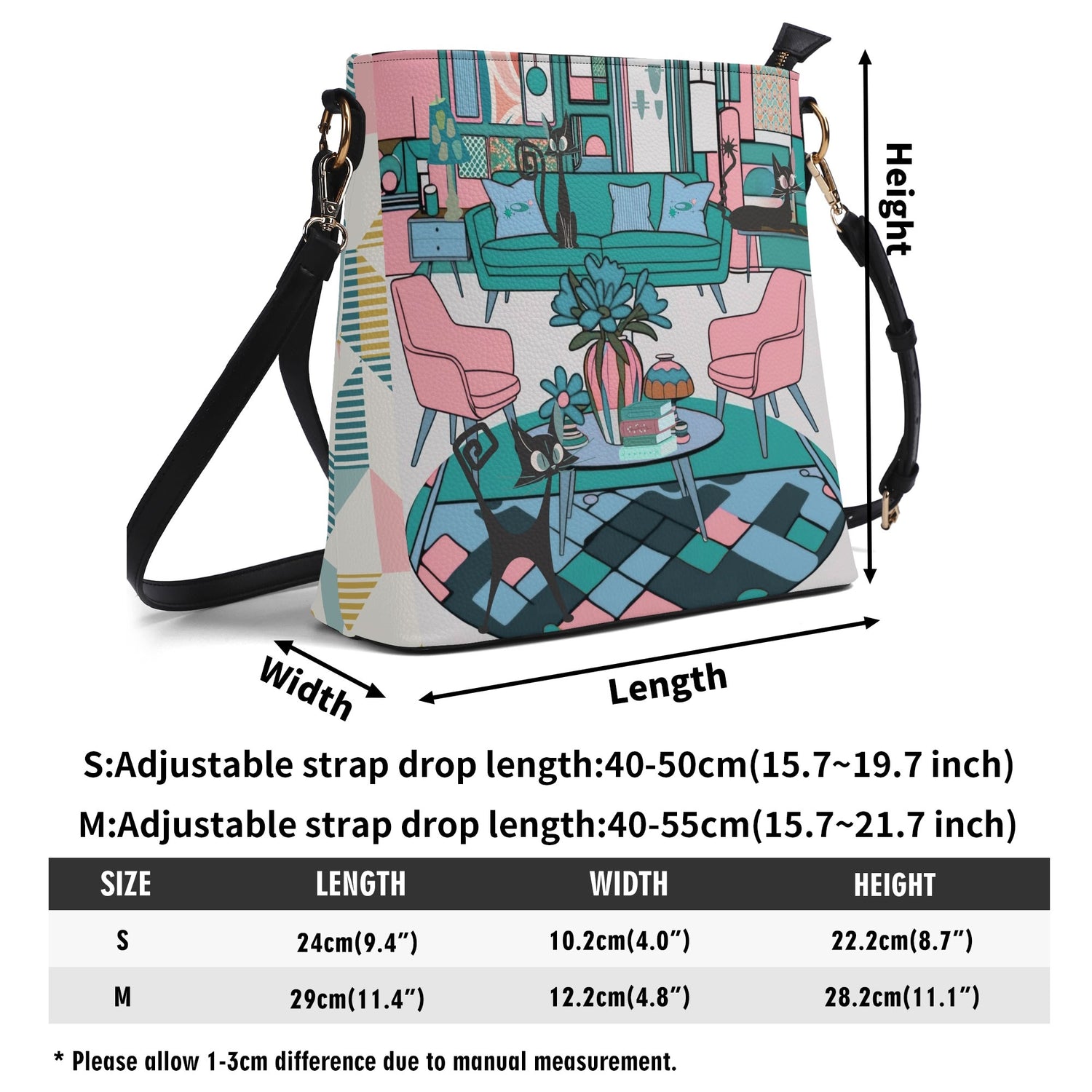 Atomic Cat Bucket Shoulder Bag, Atomic 50s Fashion Bag, Pink, Teal Blue Reversible Design By MCM Gal, Mid Century Mod Kitschy Trendy Purse - Mid Century Modern Gal