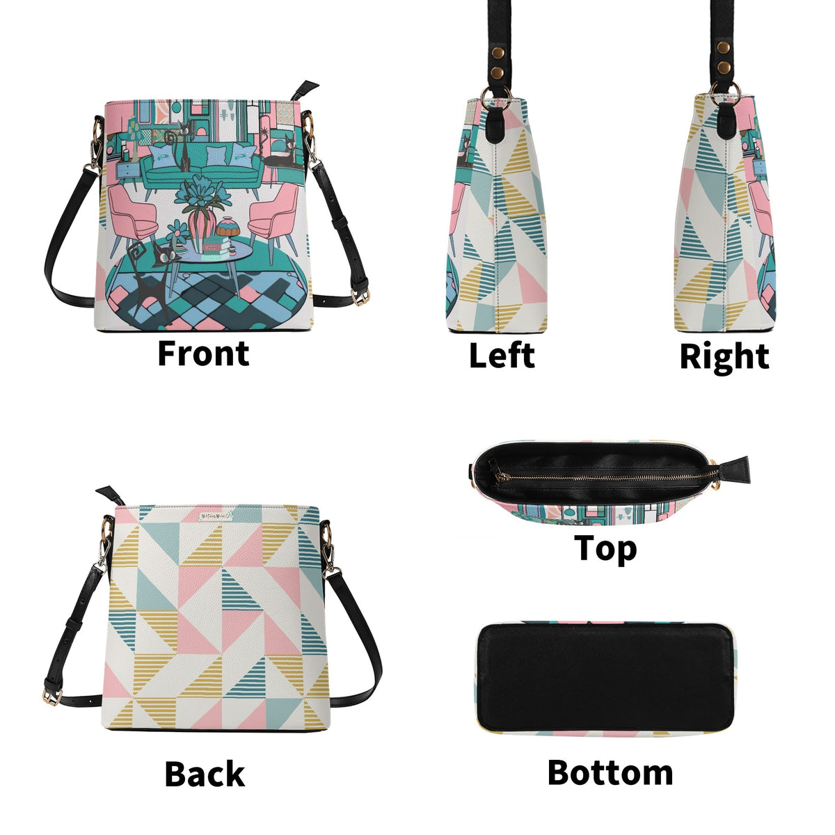 Atomic Cat Bucket Shoulder Bag, Atomic 50s Fashion Bag, Pink, Teal Blue Reversible Design By MCM Gal, Mid Century Mod Kitschy Trendy Purse - Mid Century Modern Gal