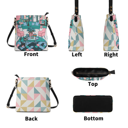Atomic Cat Bucket Shoulder Bag, Atomic 50s Fashion Bag, Pink, Teal Blue Reversible Design By MCM Gal, Mid Century Mod Kitschy Trendy Purse - Mid Century Modern Gal