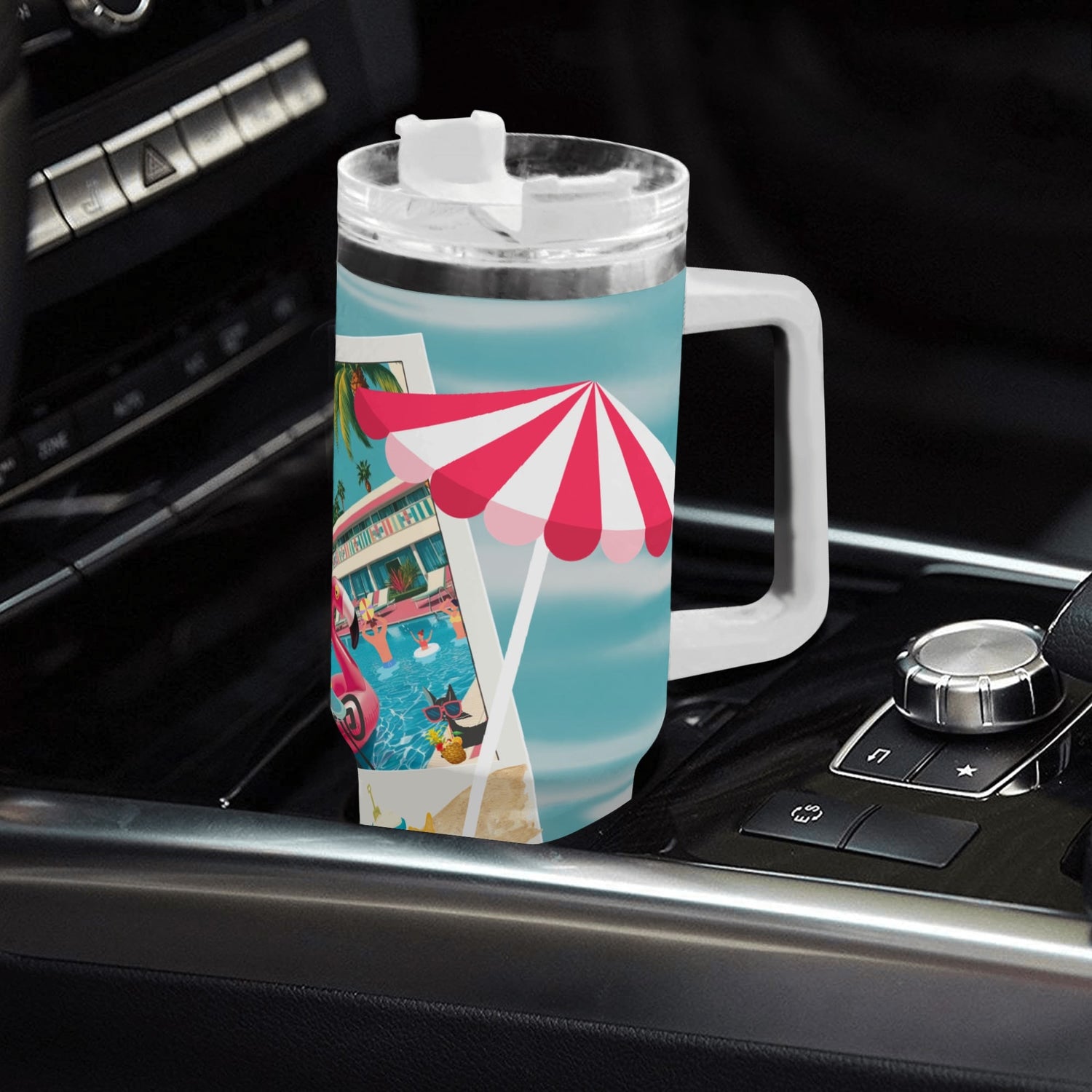 Palm Springs California Hotel, Kitschy Mod Flamingo Retro Cat Stainless Steel Tumbler With Straw - Mid Century Modern Gal