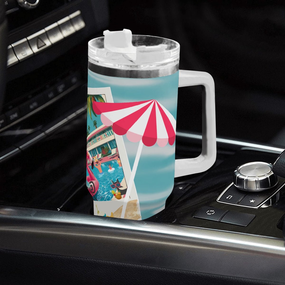 Palm Springs California Hotel, Kitschy Mod Flamingo Retro Cat Stainless Steel Tumbler With Straw - Mid Century Modern Gal