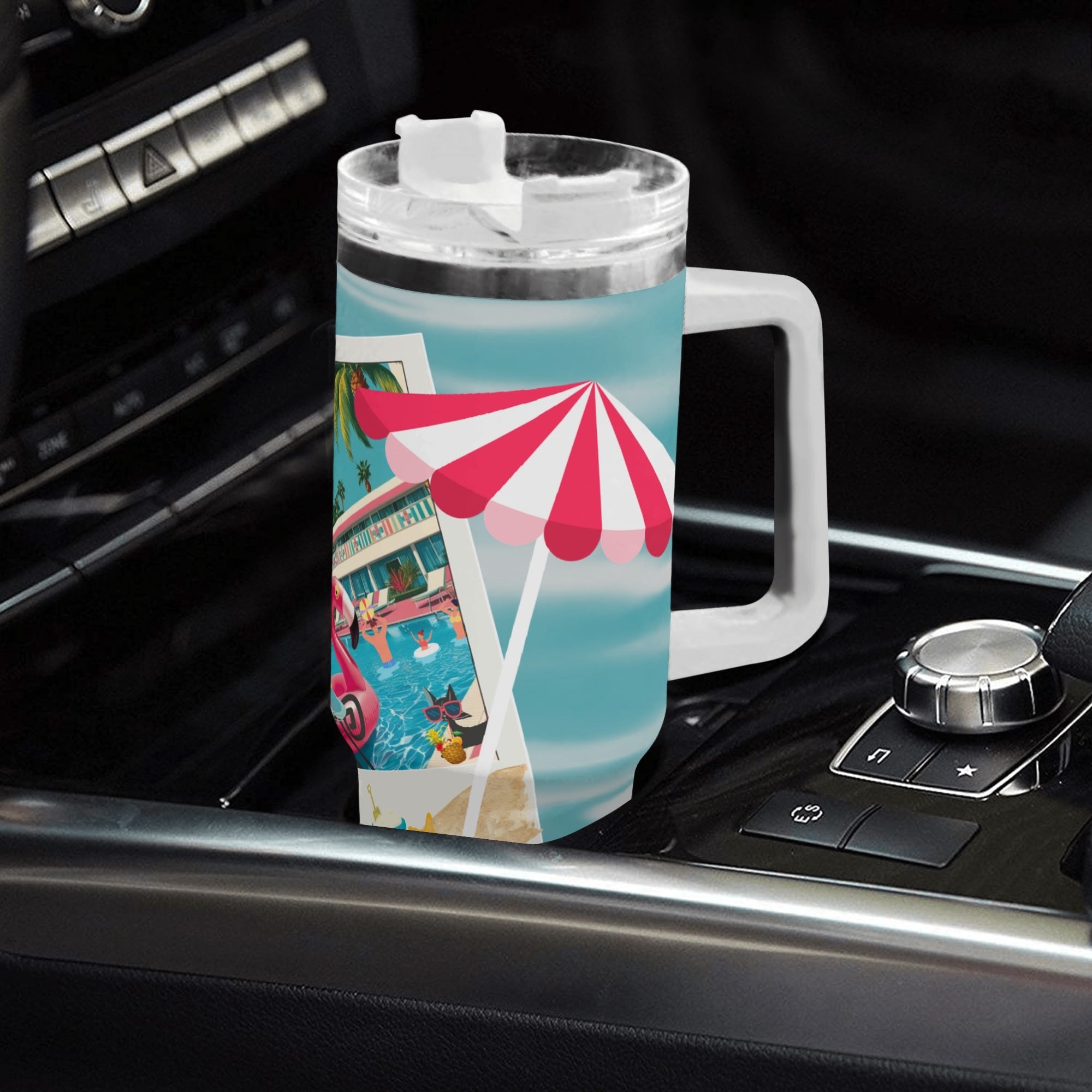 Palm Springs California Hotel, Kitschy Mod Flamingo Retro Cat Stainless Steel Tumbler With Straw - Mid Century Modern Gal