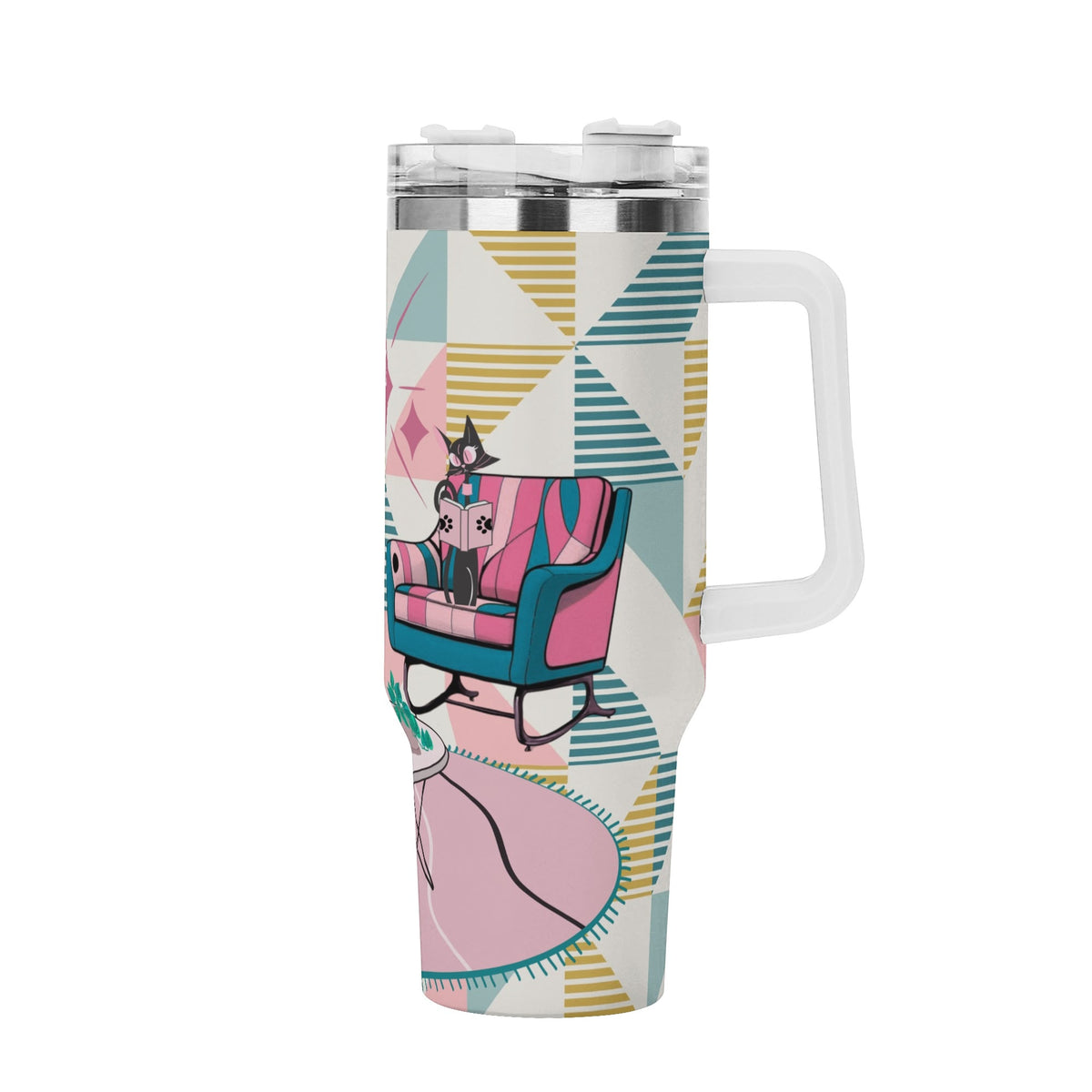 Reading Cats, Atomic Mid Mod Pink Kitschy Cute Quirky Book Lover, Book Club Gift Tumbler - Mid Century Modern Gal