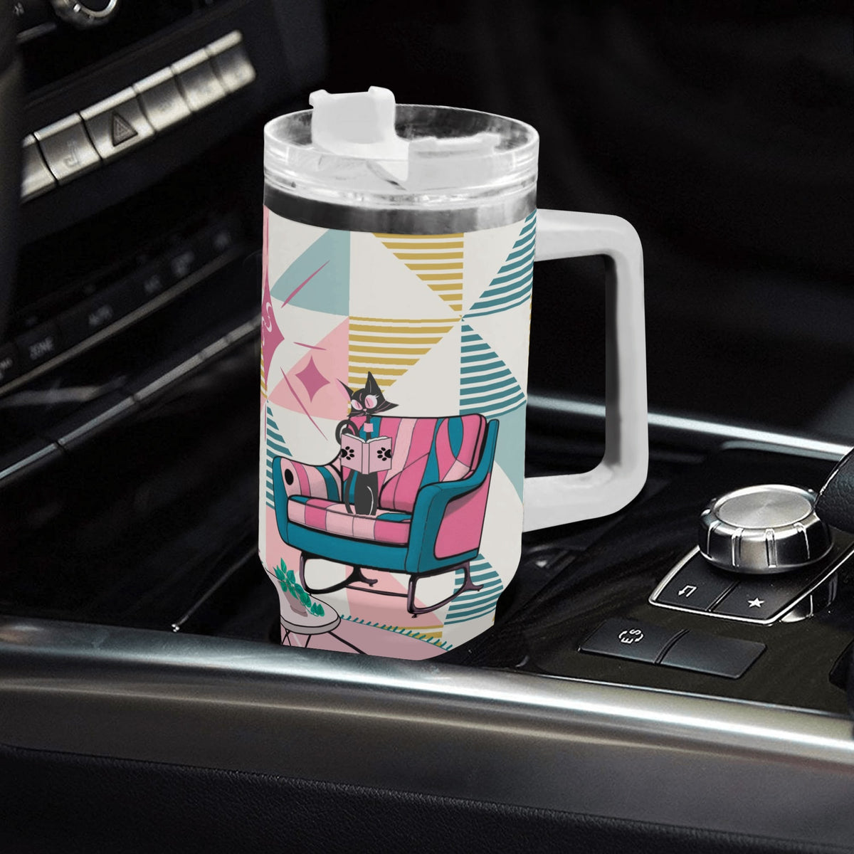 Reading Cats, Atomic Mid Mod Pink Kitschy Cute Quirky Book Lover, Book Club Gift Tumbler - Mid Century Modern Gal