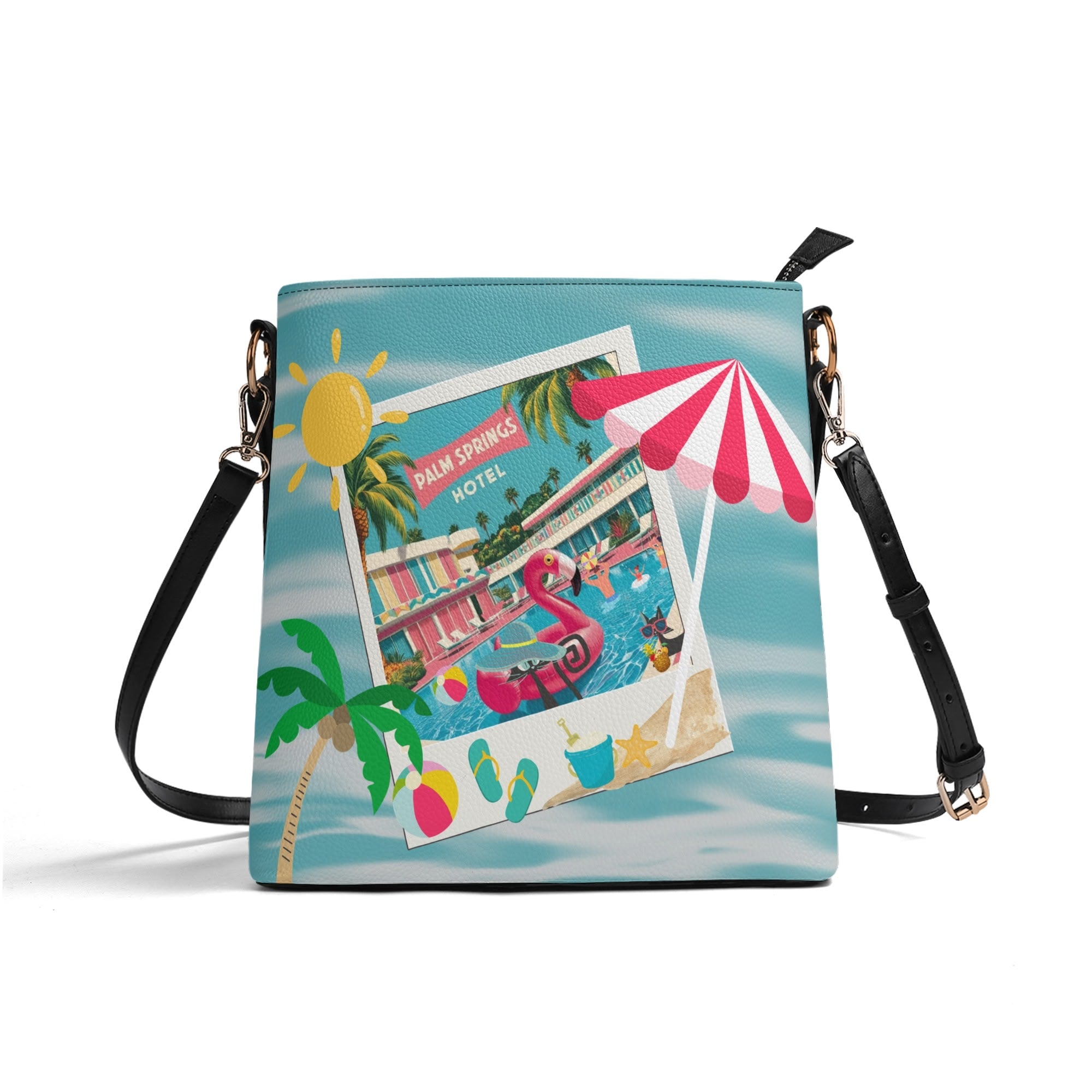 Atomic Cat Bucket, Kitschy Mod Flamingos, Palm Springs Hotel Shoulder Bag, Atomic 50s Fashion Bag, Pink, Aqua, Yellow Reversible Design By MCM Gal, Mid Century Mod Kitschy Trendy Purse - Mid Century Modern Gal
