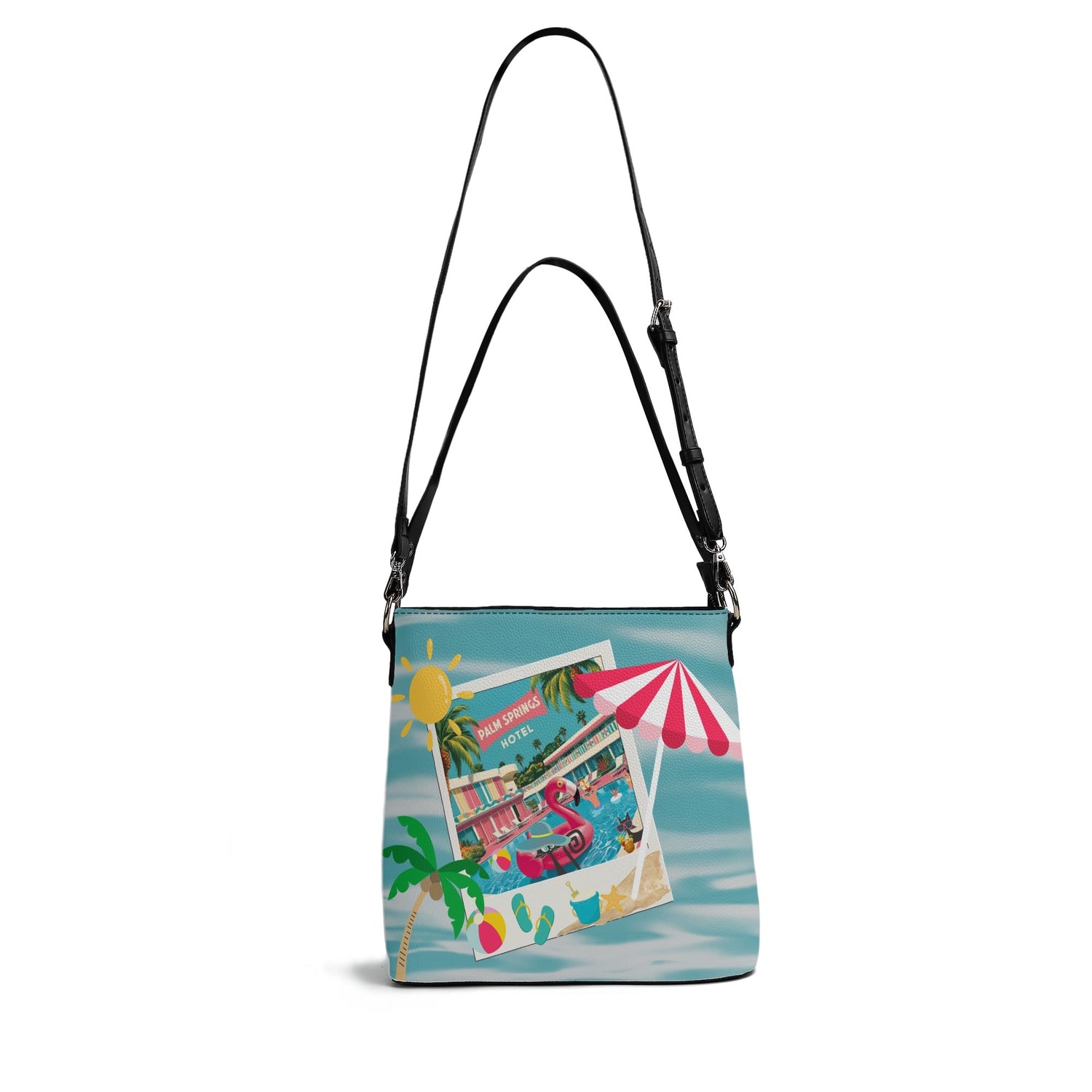 Atomic Cat Bucket, Kitschy Mod Flamingos, Palm Springs Hotel Shoulder Bag, Atomic 50s Fashion Bag, Pink, Aqua, Yellow Reversible Design By MCM Gal, Mid Century Mod Kitschy Trendy Purse - Mid Century Modern Gal