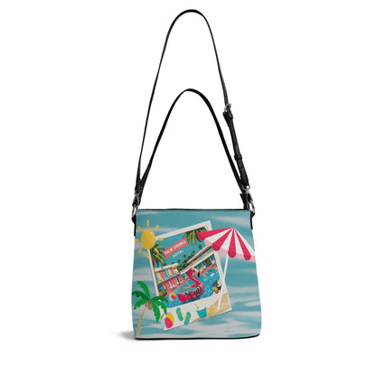 Atomic Cat Bucket, Kitschy Mod Flamingos, Palm Springs Hotel Shoulder Bag, Atomic 50s Fashion Bag, Pink, Aqua, Yellow Reversible Design By MCM Gal, Mid Century Mod Kitschy Trendy Purse - Mid Century Modern Gal
