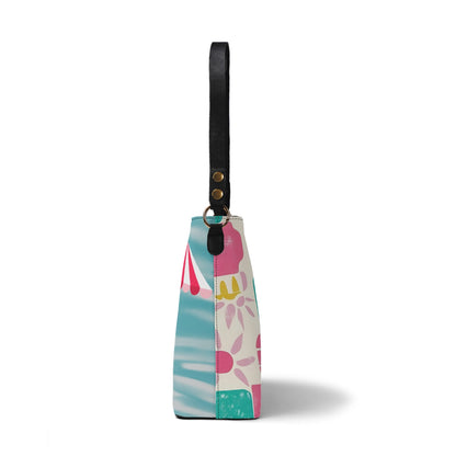 Atomic Cat Bucket, Kitschy Mod Flamingos, Palm Springs Hotel Shoulder Bag, Atomic 50s Fashion Bag, Pink, Aqua, Yellow Reversible Design By MCM Gal, Mid Century Mod Kitschy Trendy Purse - Mid Century Modern Gal