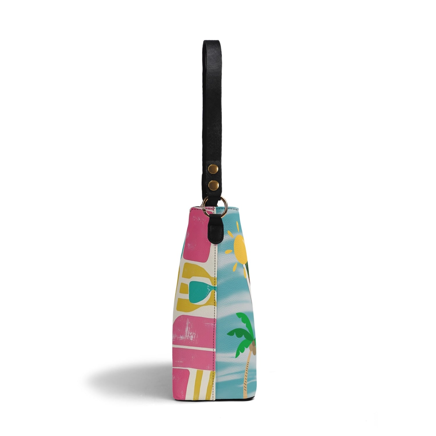 Atomic Cat Bucket, Kitschy Mod Flamingos, Palm Springs Hotel Shoulder Bag, Atomic 50s Fashion Bag, Pink, Aqua, Yellow Reversible Design By MCM Gal, Mid Century Mod Kitschy Trendy Purse - Mid Century Modern Gal