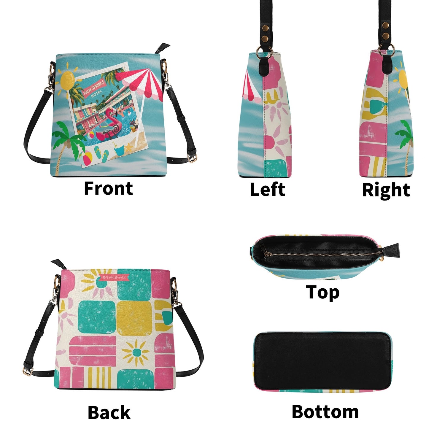 Atomic Cat Bucket, Kitschy Mod Flamingos, Palm Springs Hotel Shoulder Bag, Atomic 50s Fashion Bag, Pink, Aqua, Yellow Reversible Design By MCM Gal, Mid Century Mod Kitschy Trendy Purse - Mid Century Modern Gal