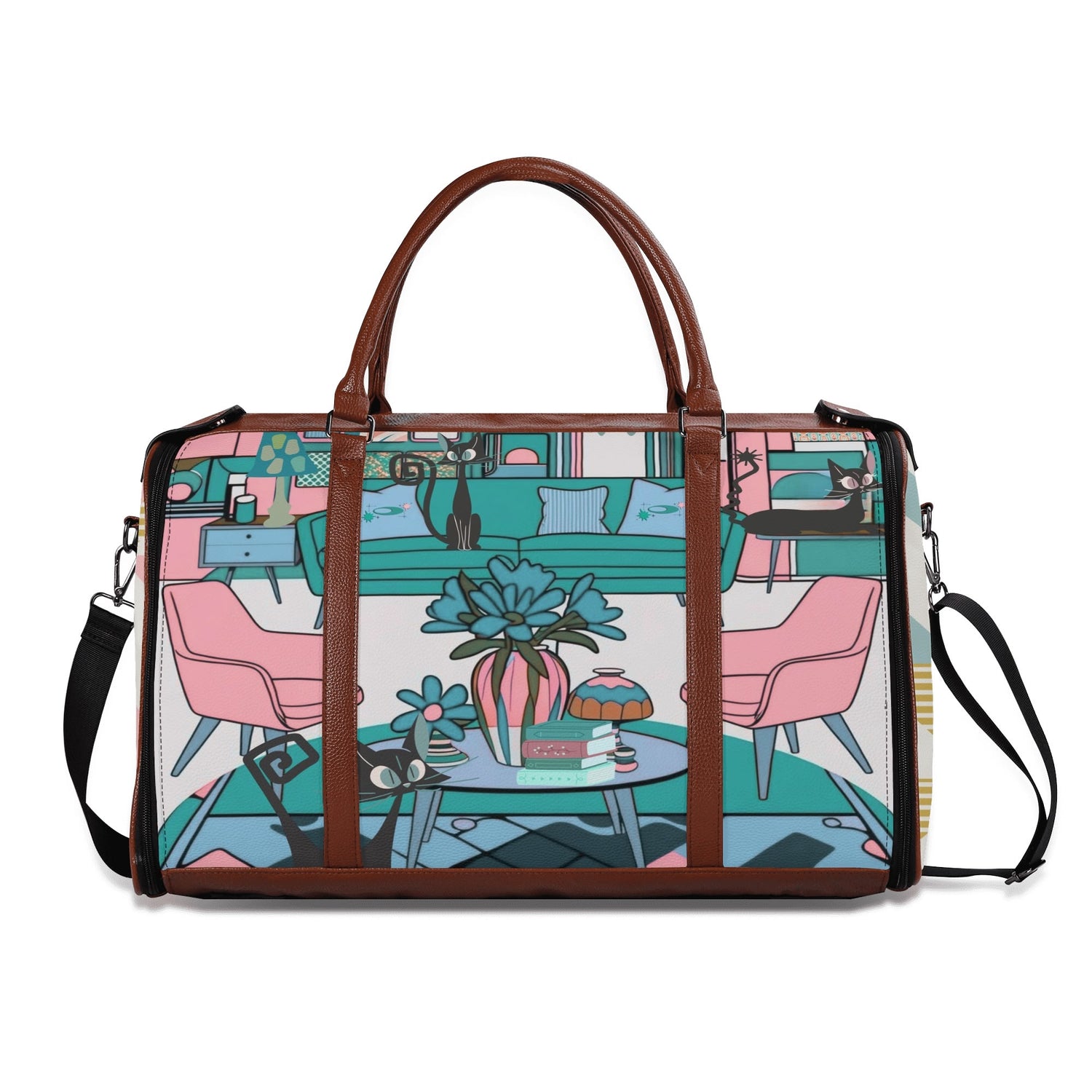 Mid Century Modern Travel Bag, Leisure Mid Mod Atomic Cats, Retro Travel Duffle Trifold Bag - Mid Century Modern Gal