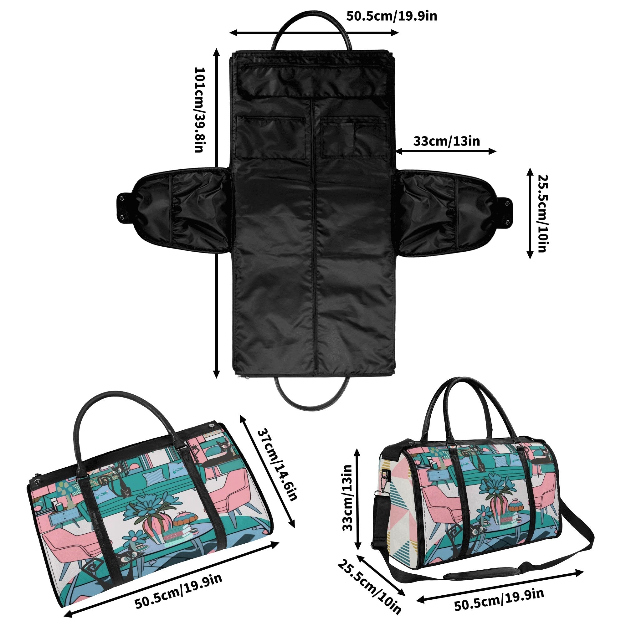 Mid Century Modern Travel Bag, Leisure Mid Mod Atomic Cats, Retro Travel Duffle Trifold Bag - Mid Century Modern Gal