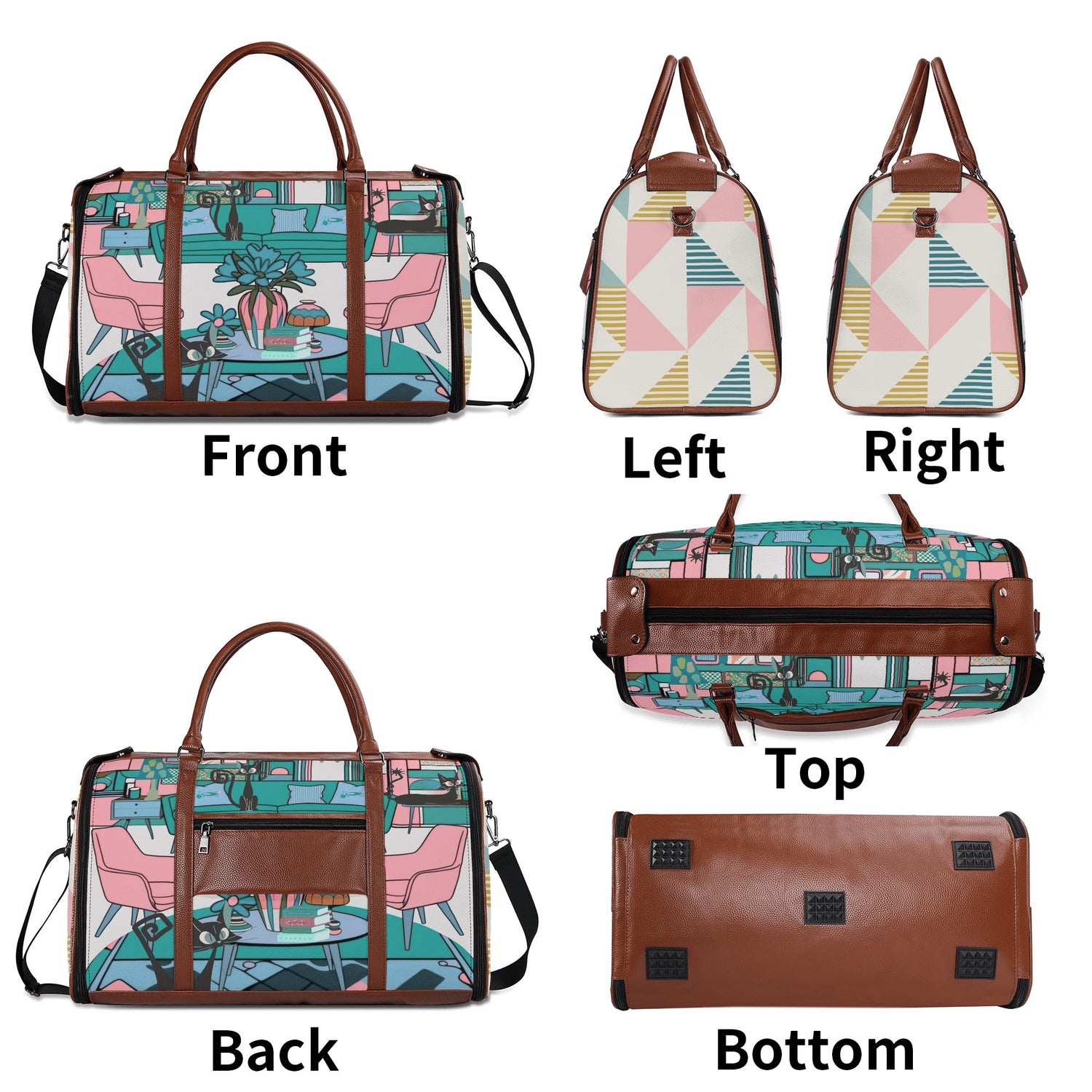 Mid Century Modern Travel Bag, Leisure Mid Mod Atomic Cats, Retro Travel Duffle Trifold Bag - Mid Century Modern Gal