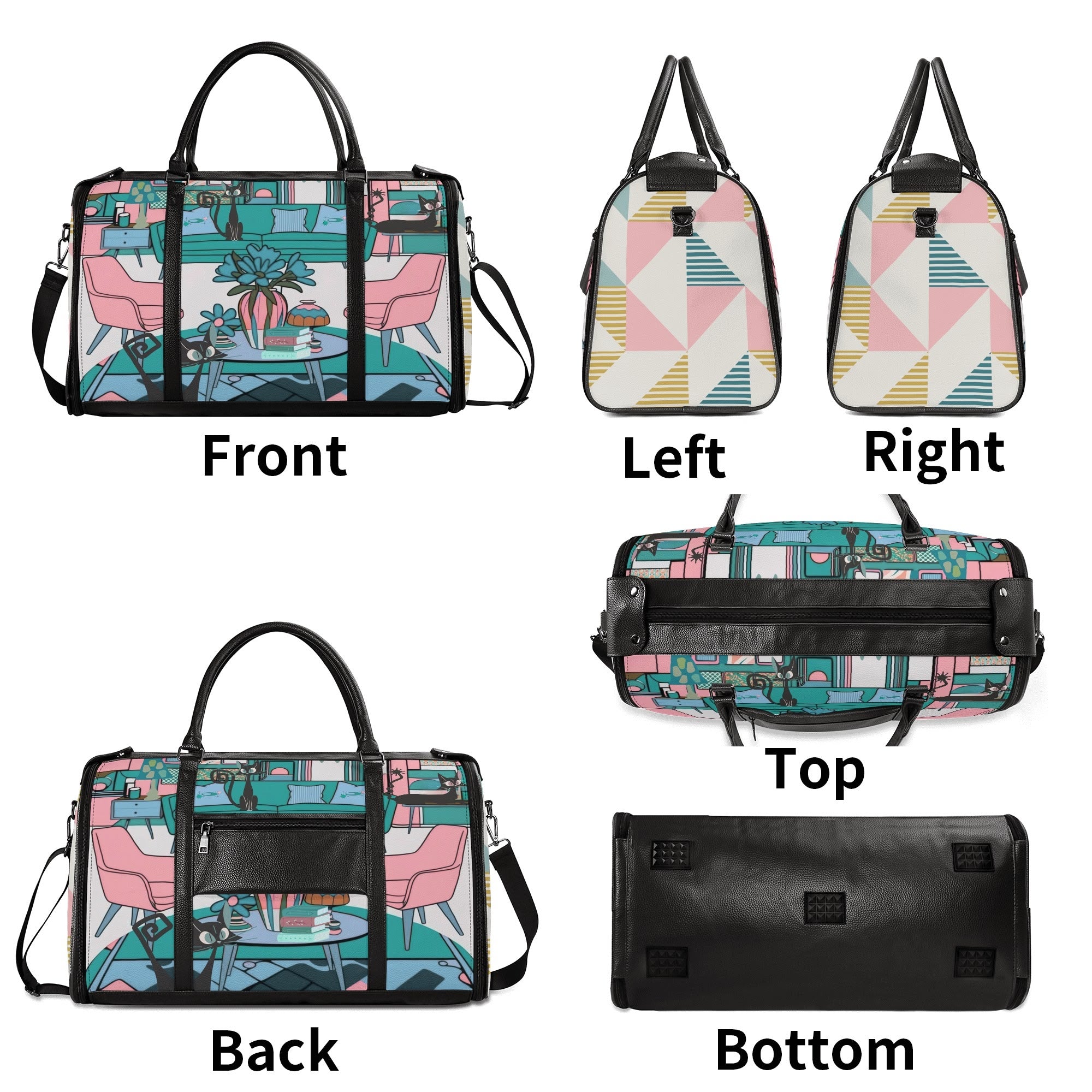 Mid Century Modern Travel Bag, Leisure Mid Mod Atomic Cats, Retro Travel Duffle Trifold Bag - Mid Century Modern Gal