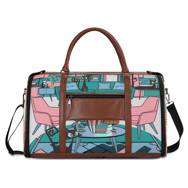 Mid Century Modern Travel Bag, Leisure Mid Mod Atomic Cats, Retro Travel Duffle Trifold Bag