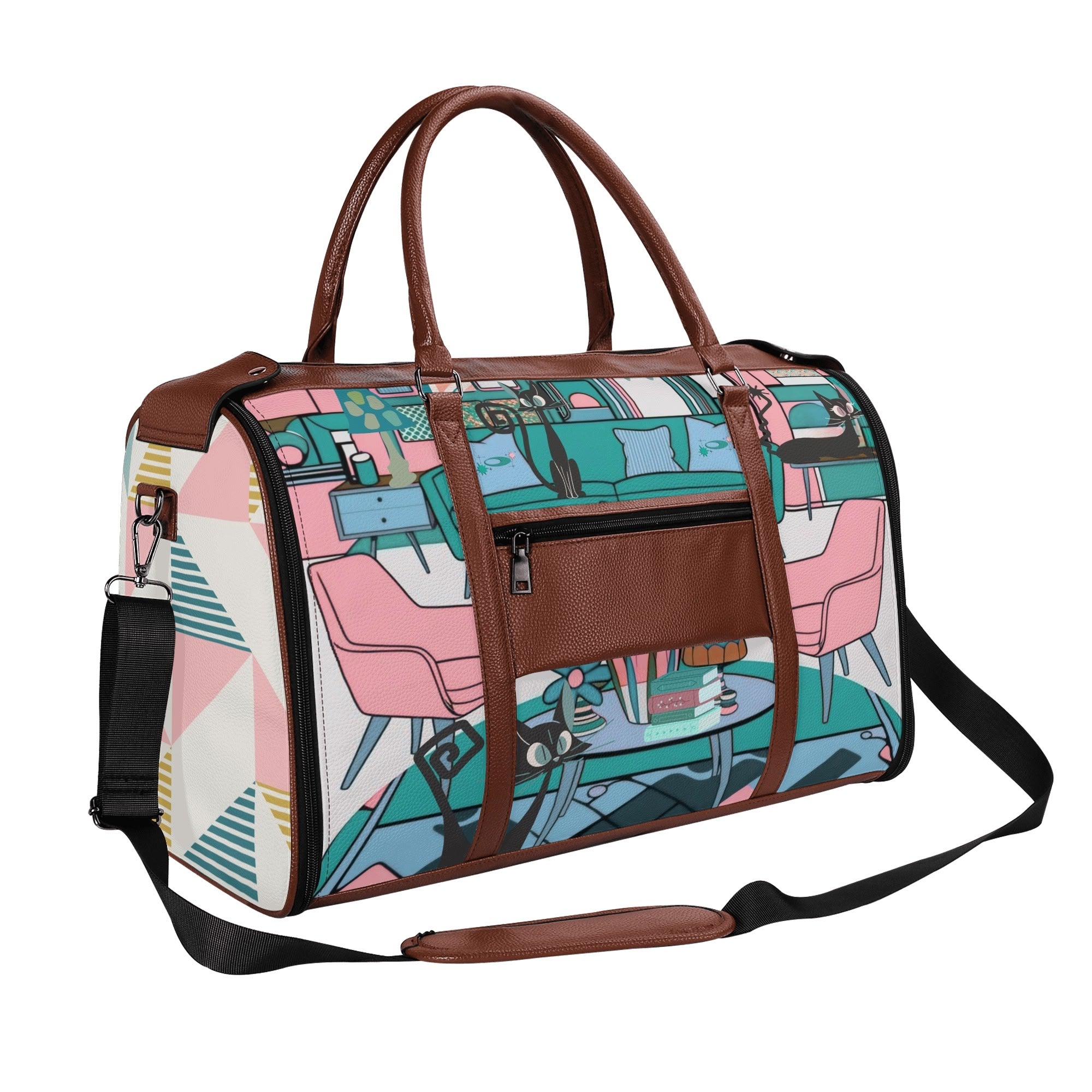 Mid Century Modern Travel Bag, Leisure Mid Mod Atomic Cats, Retro Travel Duffle Trifold Bag - Mid Century Modern Gal