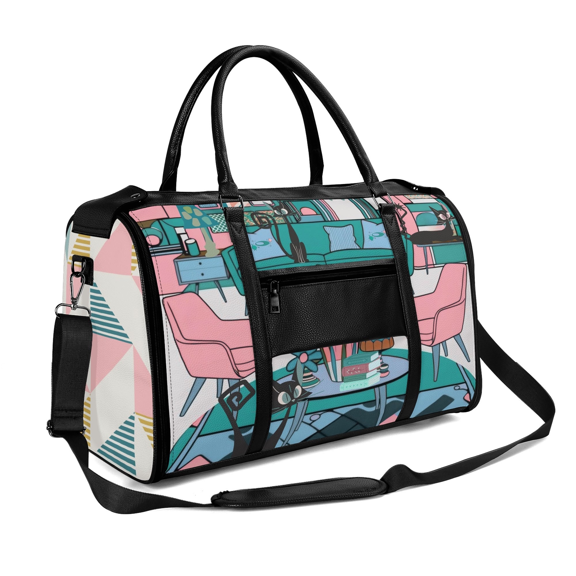 Mid Century Modern Travel Bag, Leisure Mid Mod Atomic Cats, Retro Travel Duffle Trifold Bag - Mid Century Modern Gal