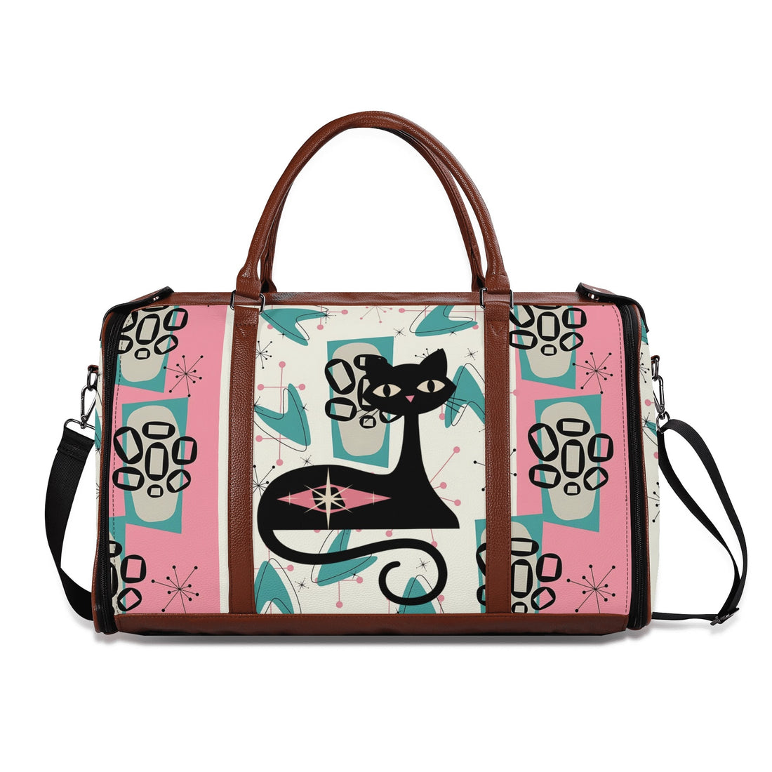 Mid Century Modern Travel Duffle Trifold Bag, Atomic Cat, Kitschy Pink, Aqua Starbursts Designed Retro Bag - Mid Century Modern Gal