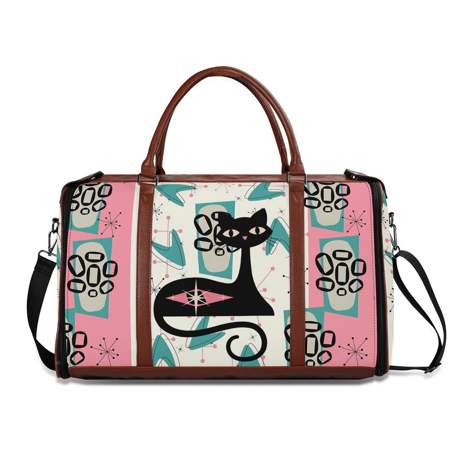 Mid Century Modern Travel Duffle Trifold Bag, Atomic Cat, Kitschy Pink, Aqua Starbursts Designed Retro Bag - Mid Century Modern Gal