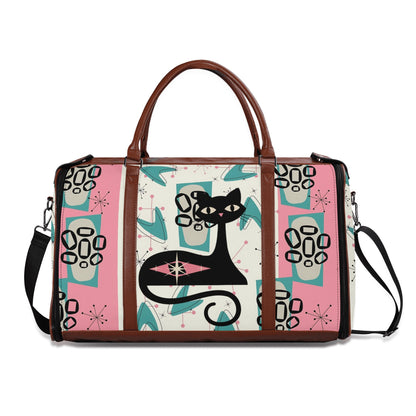 Mid Century Modern Travel Duffle Trifold Bag, Atomic Cat, Kitschy Pink, Aqua Starbursts Designed Retro Bag - Mid Century Modern Gal