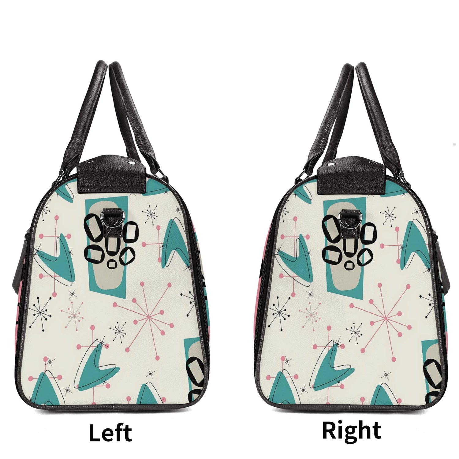 Mid Century Modern Travel Duffle Trifold Bag, Atomic Cat, Kitschy Pink, Aqua Starbursts Designed Retro Bag - Mid Century Modern Gal