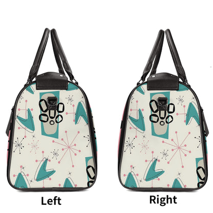 Mid Century Modern Travel Duffle Trifold Bag, Atomic Cat, Kitschy Pink, Aqua Starbursts Designed Retro Bag - Mid Century Modern Gal