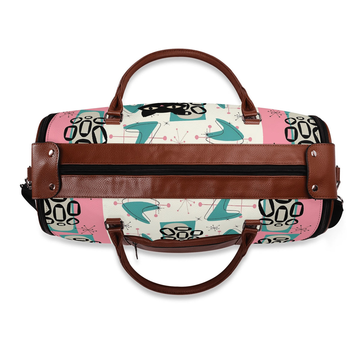 Mid Century Modern Travel Duffle Trifold Bag, Atomic Cat, Kitschy Pink, Aqua Starbursts Designed Retro Bag - Mid Century Modern Gal