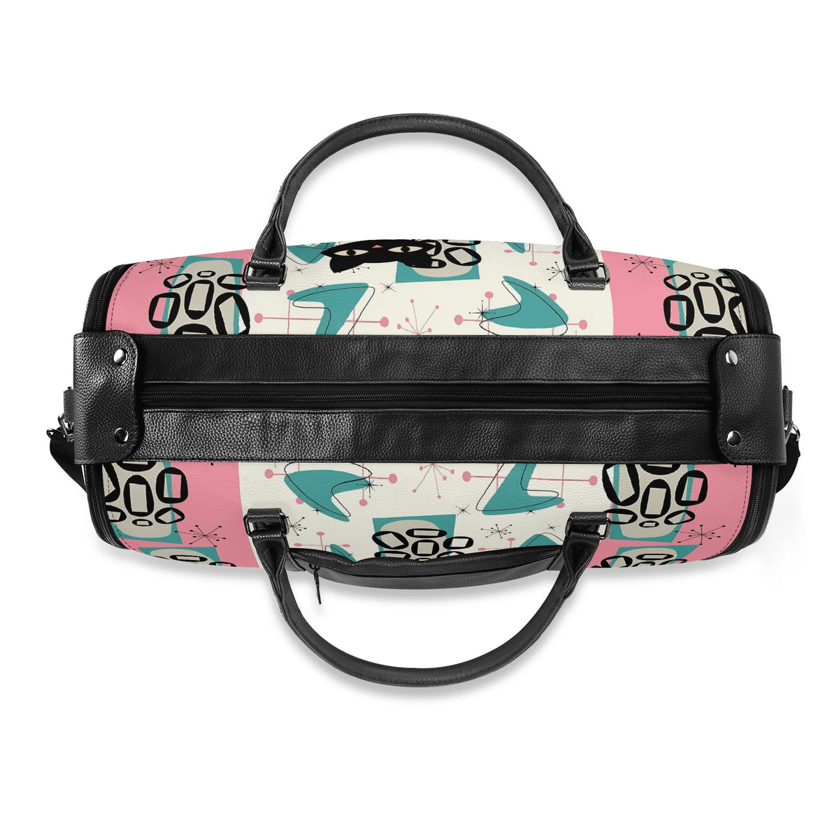 Mid Century Modern Travel Duffle Trifold Bag, Atomic Cat, Kitschy Pink, Aqua Starbursts Designed Retro Bag - Mid Century Modern Gal