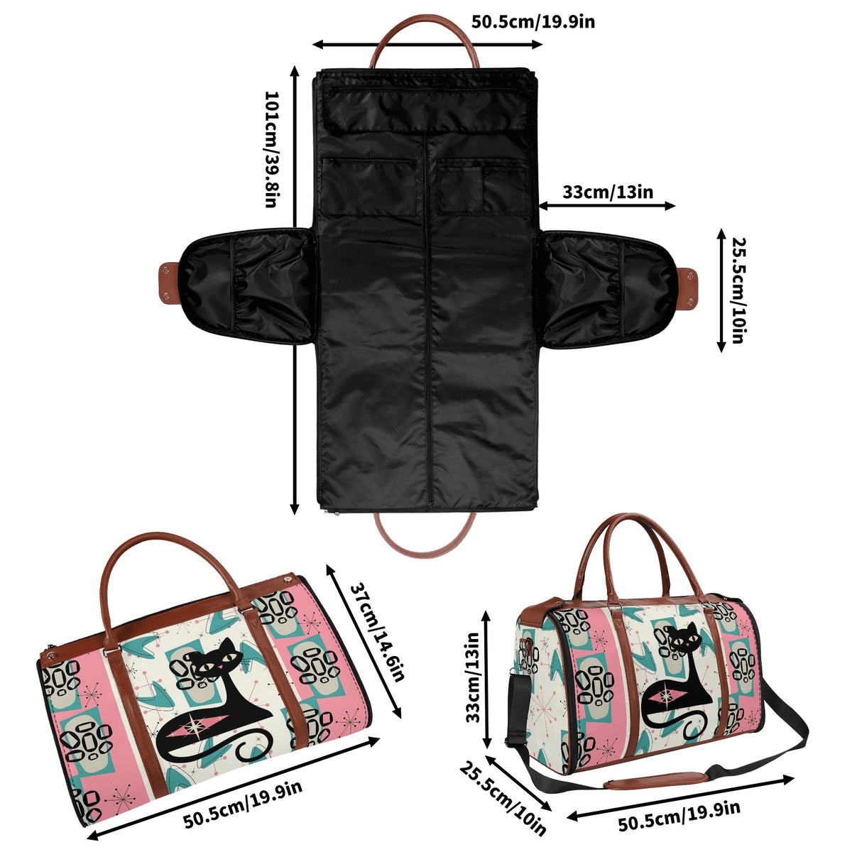 Mid Century Modern Travel Duffle Trifold Bag, Atomic Cat, Kitschy Pink, Aqua Starbursts Designed Retro Bag - Mid Century Modern Gal