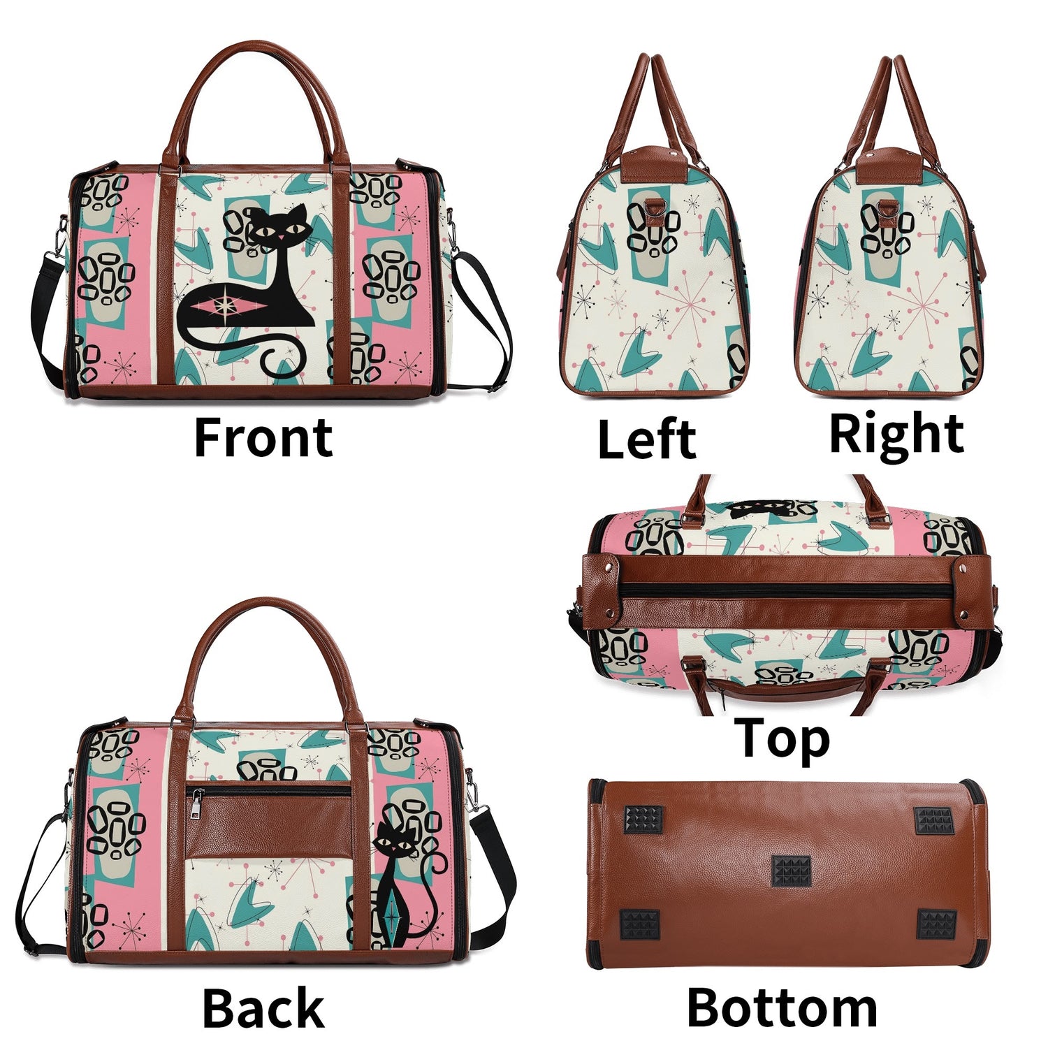 Mid Century Modern Travel Duffle Trifold Bag, Atomic Cat, Kitschy Pink, Aqua Starbursts Designed Retro Bag - Mid Century Modern Gal