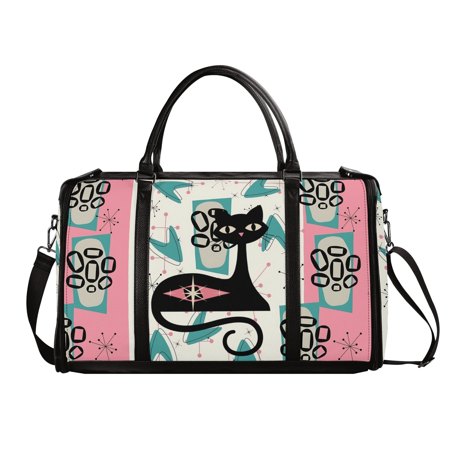 Mid Century Modern Travel Duffle Trifold Bag, Atomic Cat, Kitschy Pink, Aqua Starbursts Designed Retro Bag - Mid Century Modern Gal