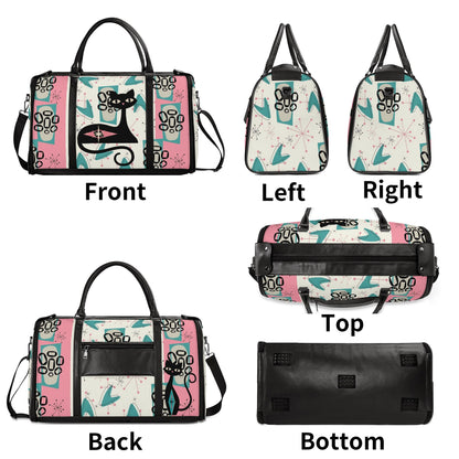 Mid Century Modern Travel Duffle Trifold Bag, Atomic Cat, Kitschy Pink, Aqua Starbursts Designed Retro Bag - Mid Century Modern Gal